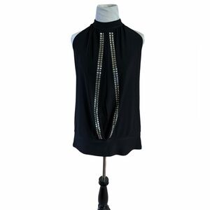 Vintage Y2K black bedazzled halter blouson, size XL in EUC